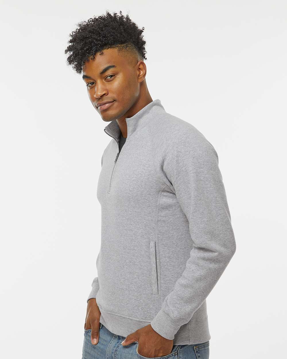 Men's Triblend Quarter-Zip Sweatshirt - OnModelSide - B33028358 - Grey Triblend