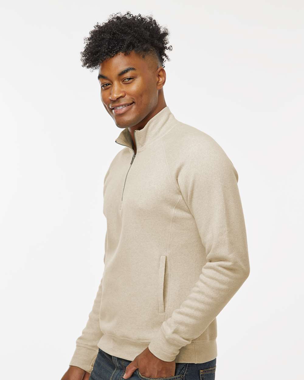 Men's Triblend Quarter-Zip Sweatshirt - OnModelSide - B33028368 - Oatmeal Triblend