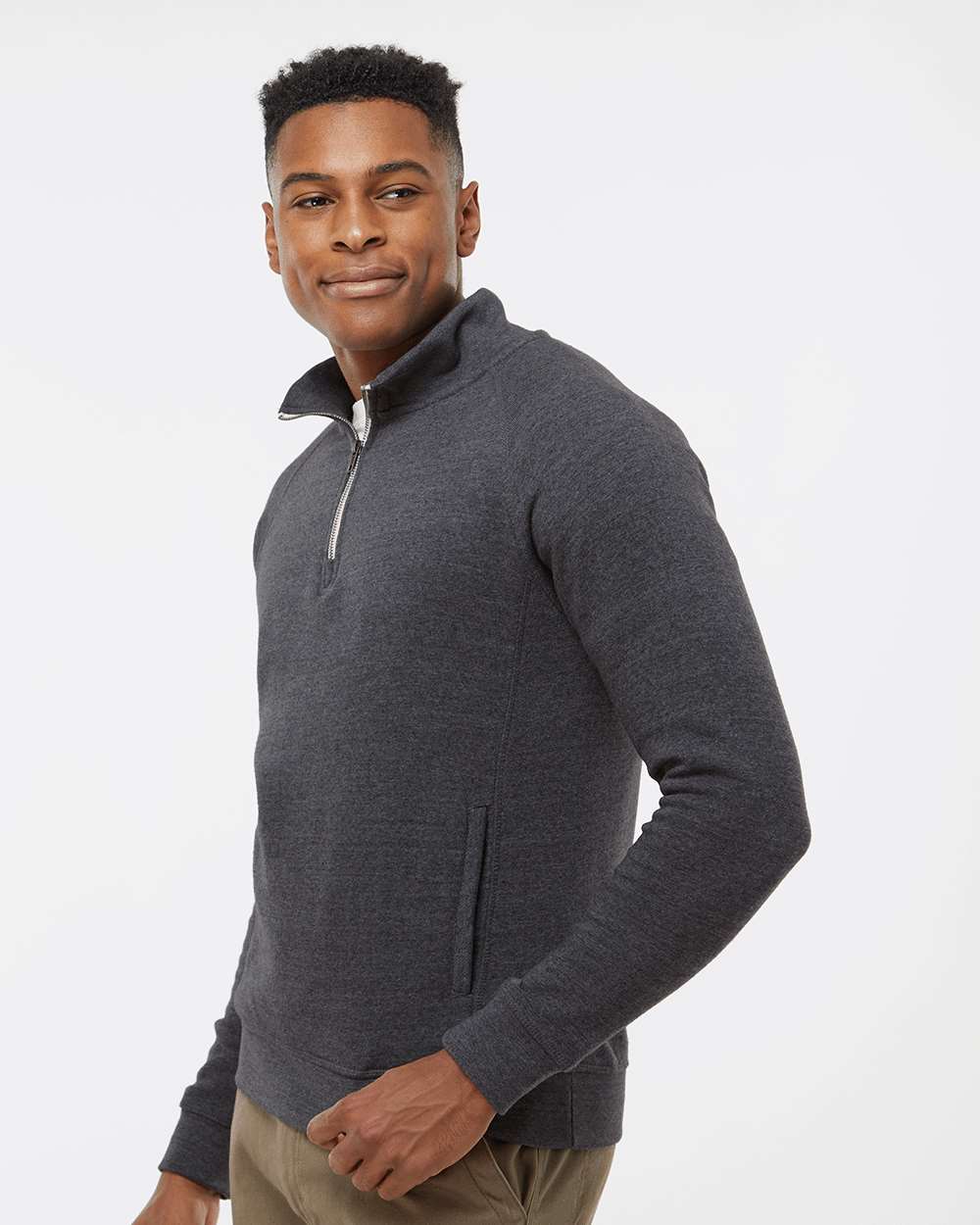 Men's Triblend Quarter-Zip Sweatshirt - OnModelSide - B33028508 - Black Triblend
