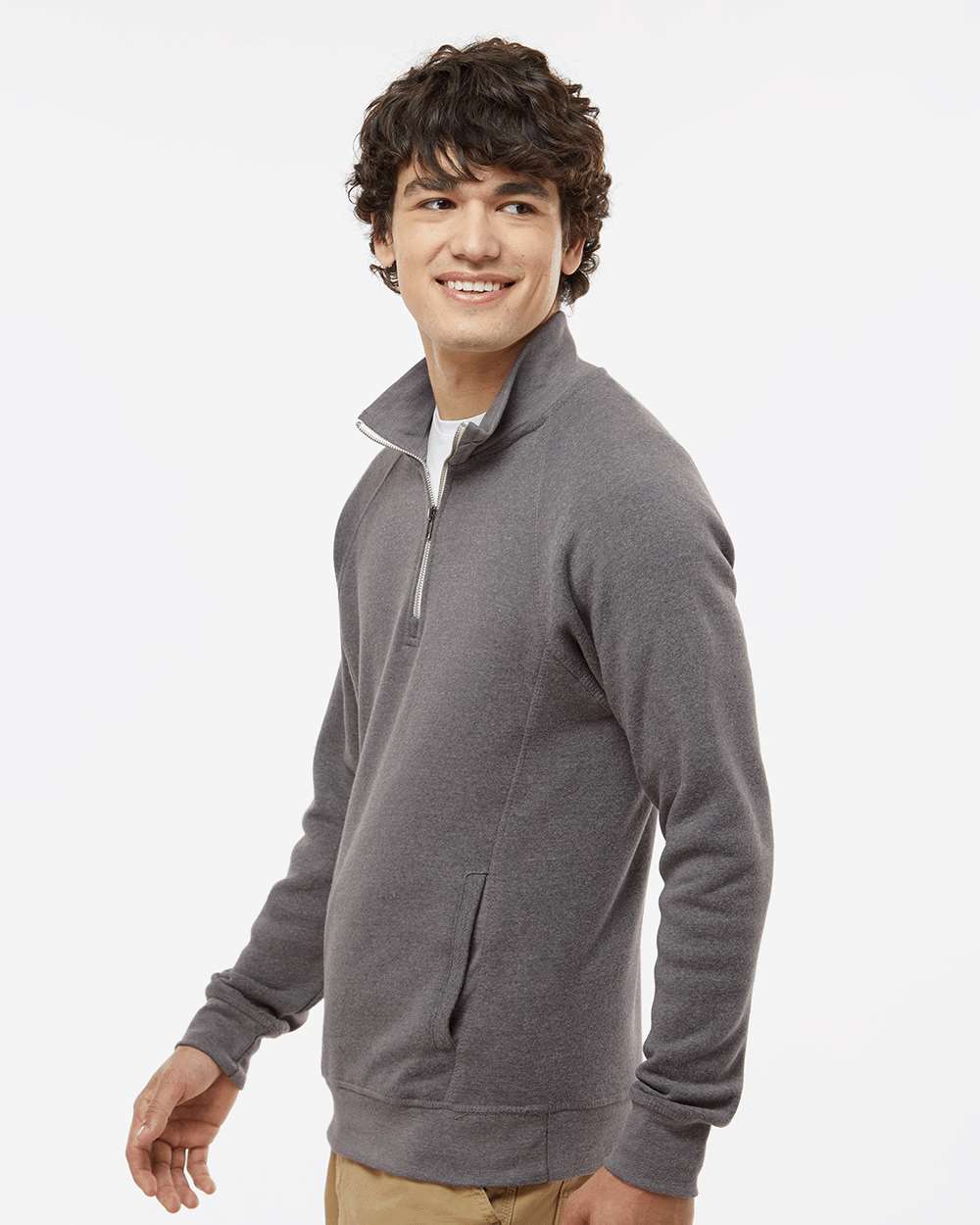 Men's Triblend Quarter-Zip Sweatshirt - OnModelSide - B33028518 - Smoke Triblend