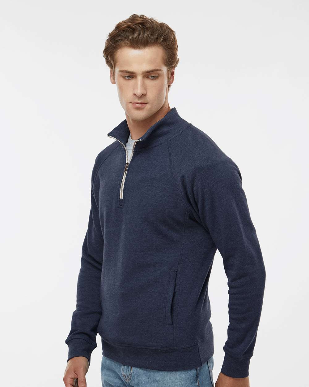 Men's Triblend Quarter-Zip Sweatshirt - OnModelSide - B33028658 - True Navy Triblend
