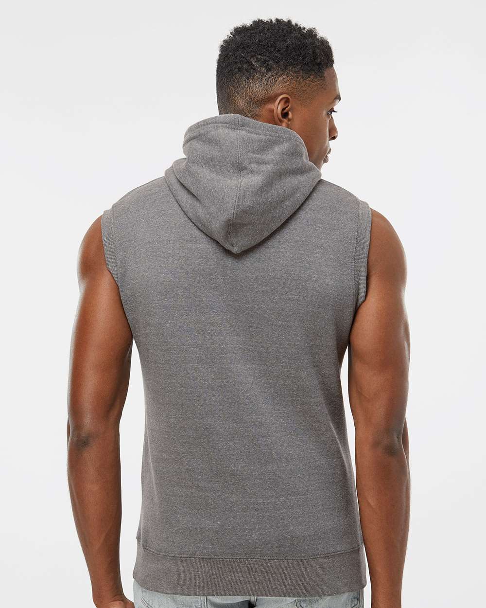 Men's Triblend Sleeveless Hooded Sweatshirt - OnModelBack - B11628093 - Smoke Triblend