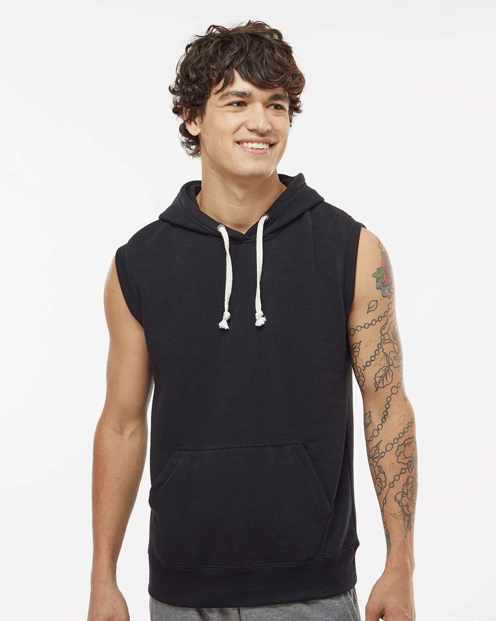 Men's Triblend Sleeveless Hooded Sweatshirt - OnModelFront - B11628003 - Solid Black