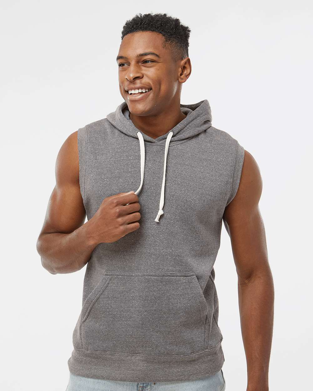 Men's Triblend Sleeveless Hooded Sweatshirt - OnModelFront - B11628093 - Smoke Triblend