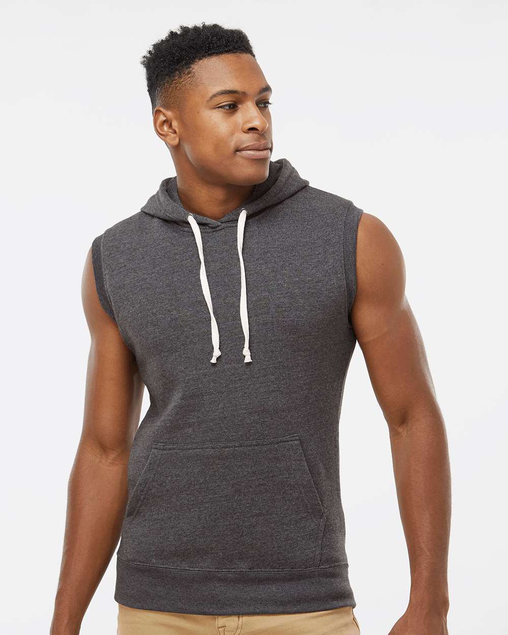 Men's Triblend Sleeveless Hooded Sweatshirt - OnModelFront - B11628503 - Black Triblend