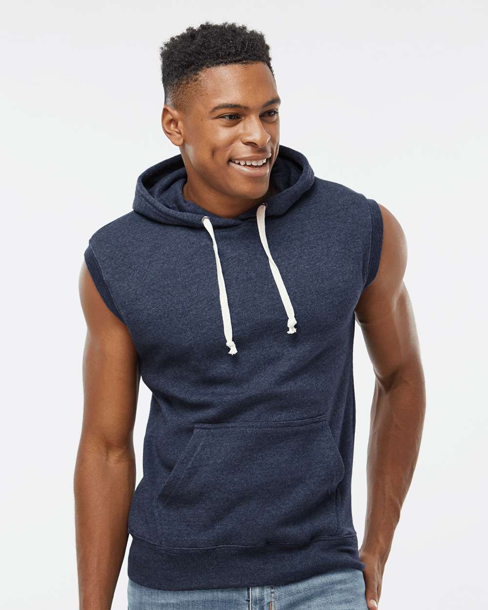 Men's Triblend Sleeveless Hooded Sweatshirt - OnModelFront - B11628653 - True Navy Triblend