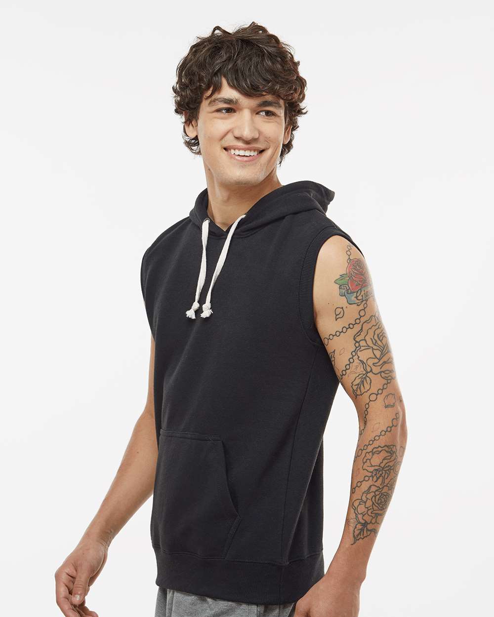 Men's Triblend Sleeveless Hooded Sweatshirt - OnModelSide - B11628003 - Solid Black