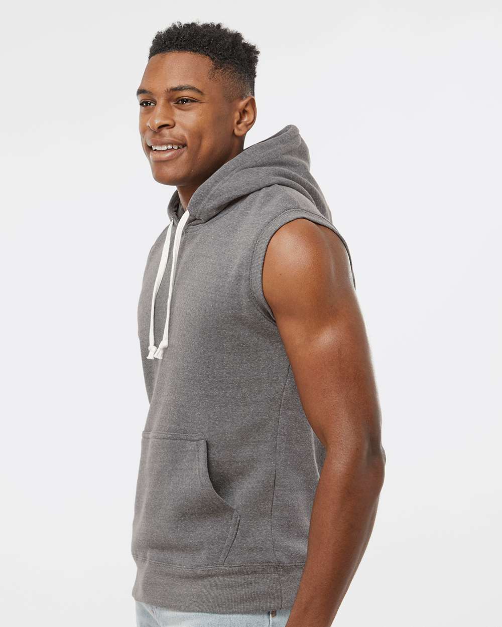Men's Triblend Sleeveless Hooded Sweatshirt - OnModelSide - B11628093 - Smoke Triblend
