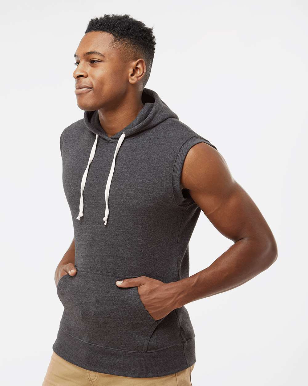 Men's Triblend Sleeveless Hooded Sweatshirt - OnModelSide - B11628503 - Black Triblend