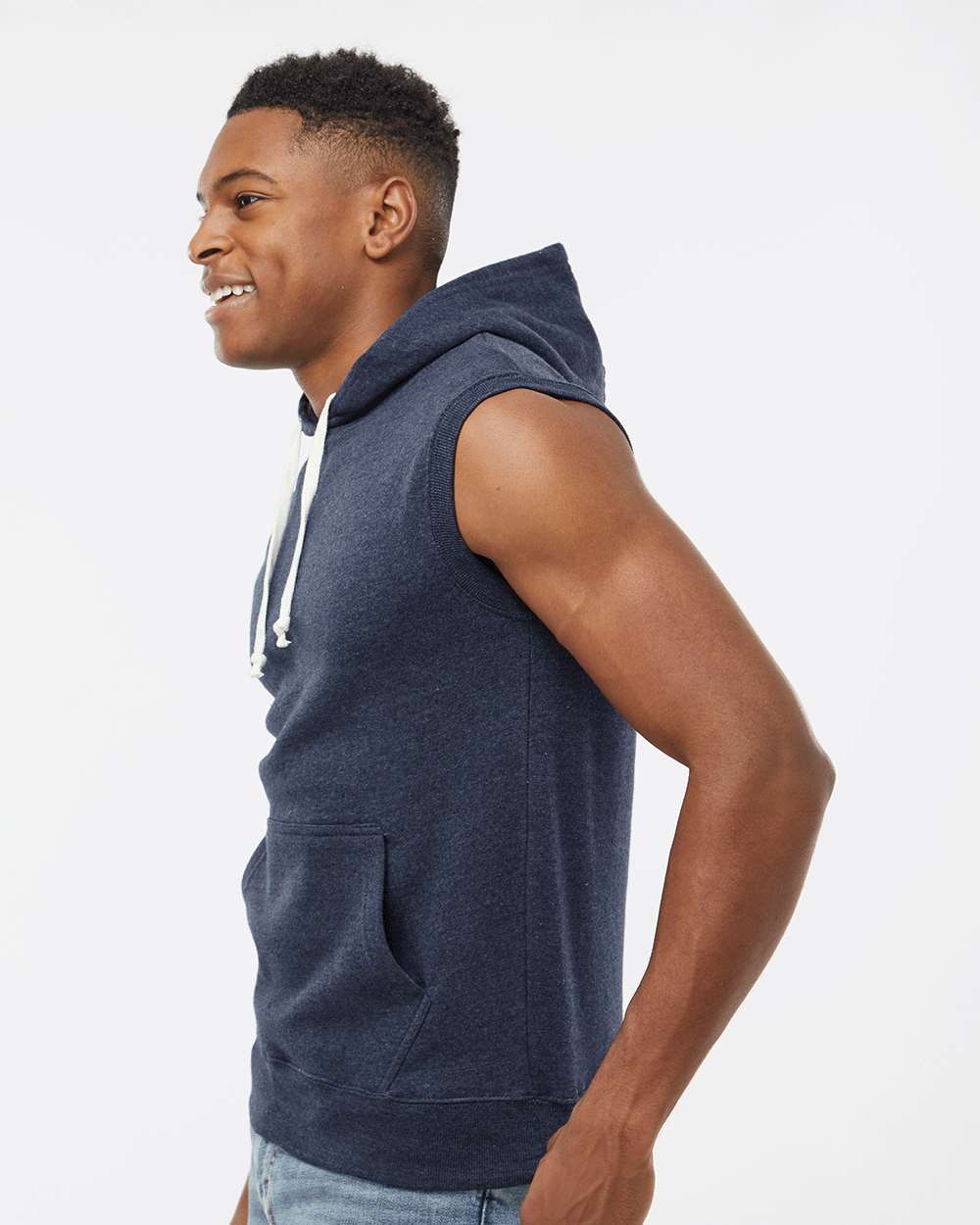 Men's Triblend Sleeveless Hooded Sweatshirt - OnModelSide - B11628653 - True Navy Triblend