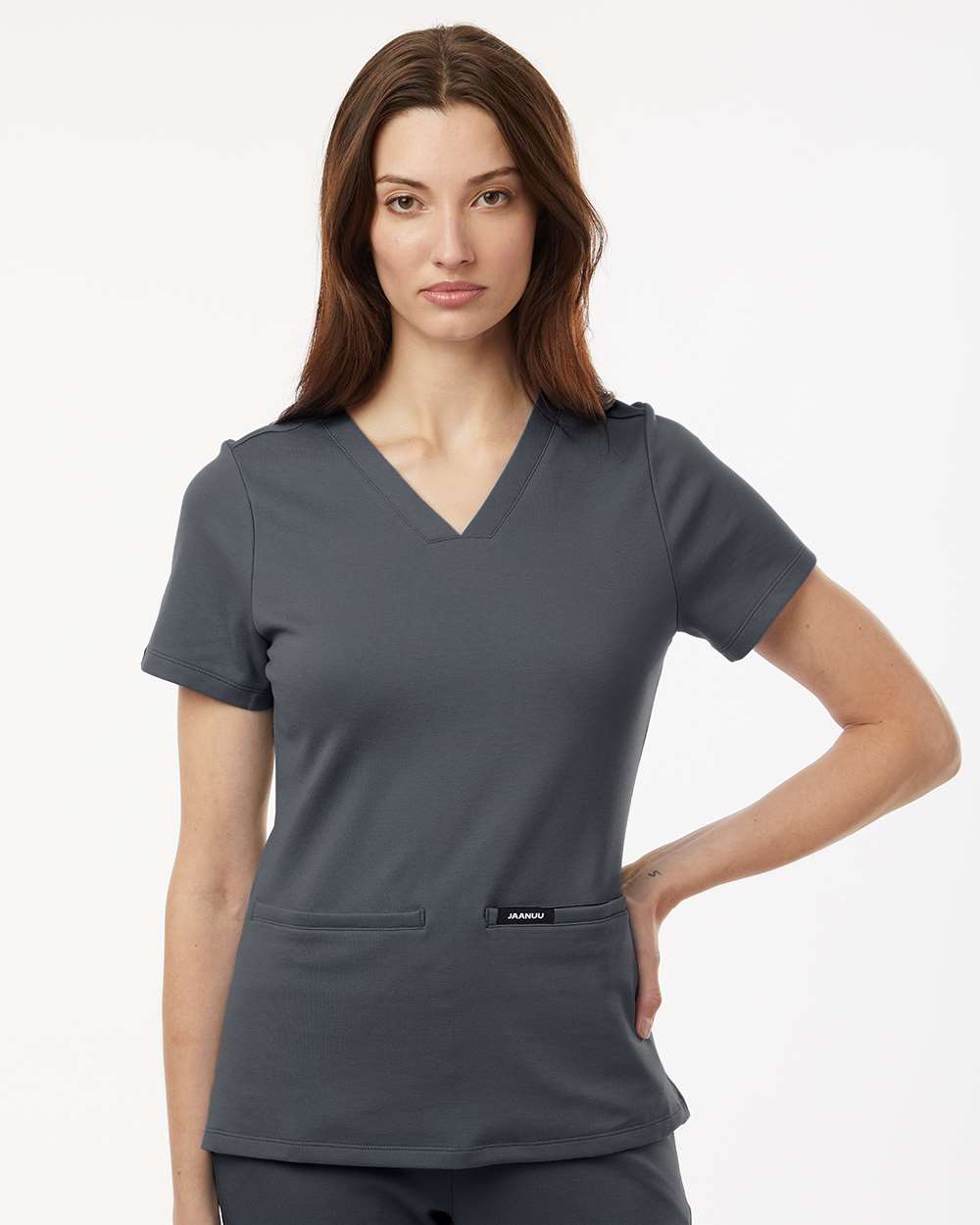 Women's Cesi Ultrasoft Scrub V-Neck Top - OnModelFront - B01145091 - Carbon Grey