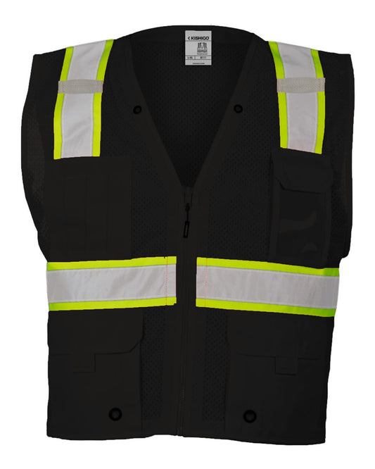 Unisex EV Series® Enhanced Visibility Multi-Pocket Mesh Vest - Front - B68429173 - Black/ Lime - B100