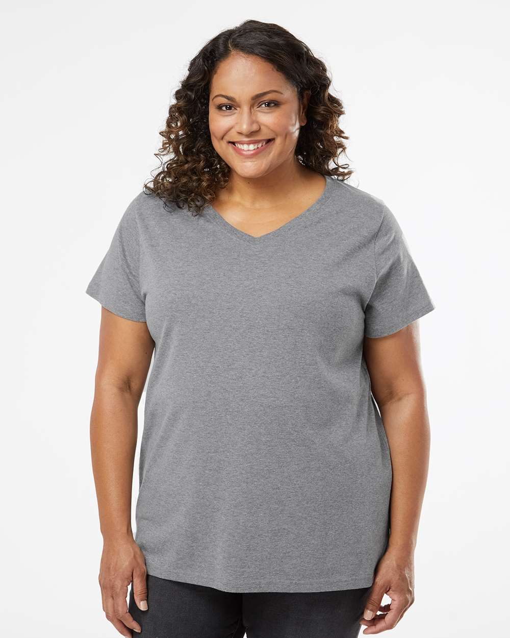 Women's Curvy Collection Fine Jersey V-Neck Tee - OnModelFront - B05038132 - Granite Heather