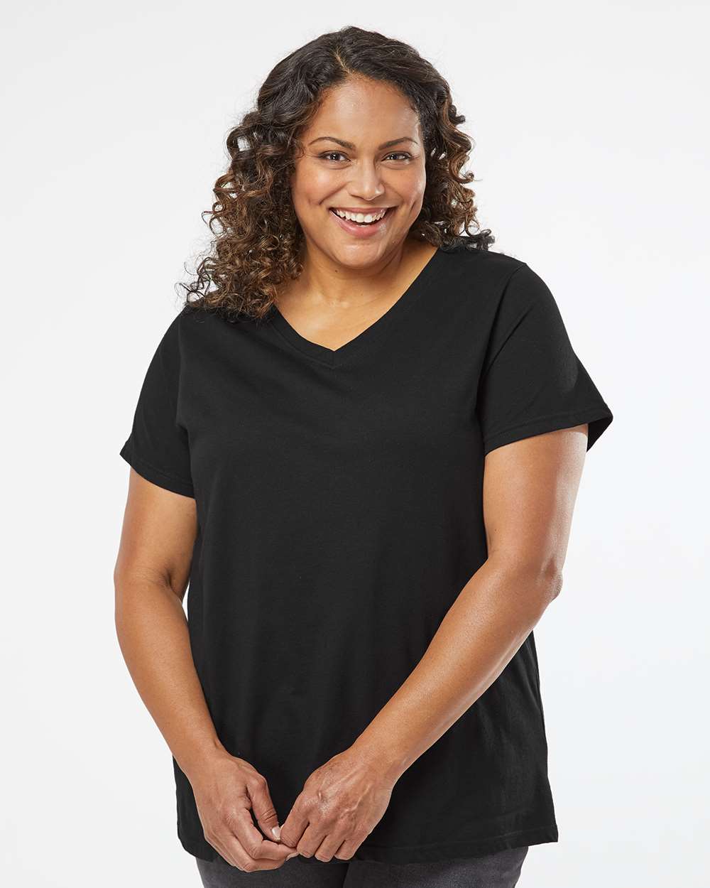Women's Curvy Collection Fine Jersey V-Neck Tee - OnModelFront - B05038502 - Blended Black