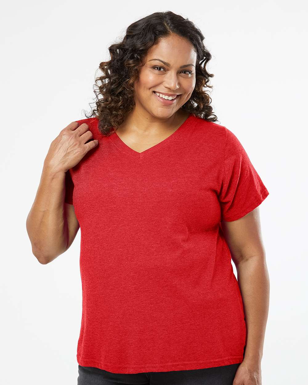 Women's Curvy Collection Fine Jersey V-Neck Tee - OnModelFront - B05038712 - Vintage Red