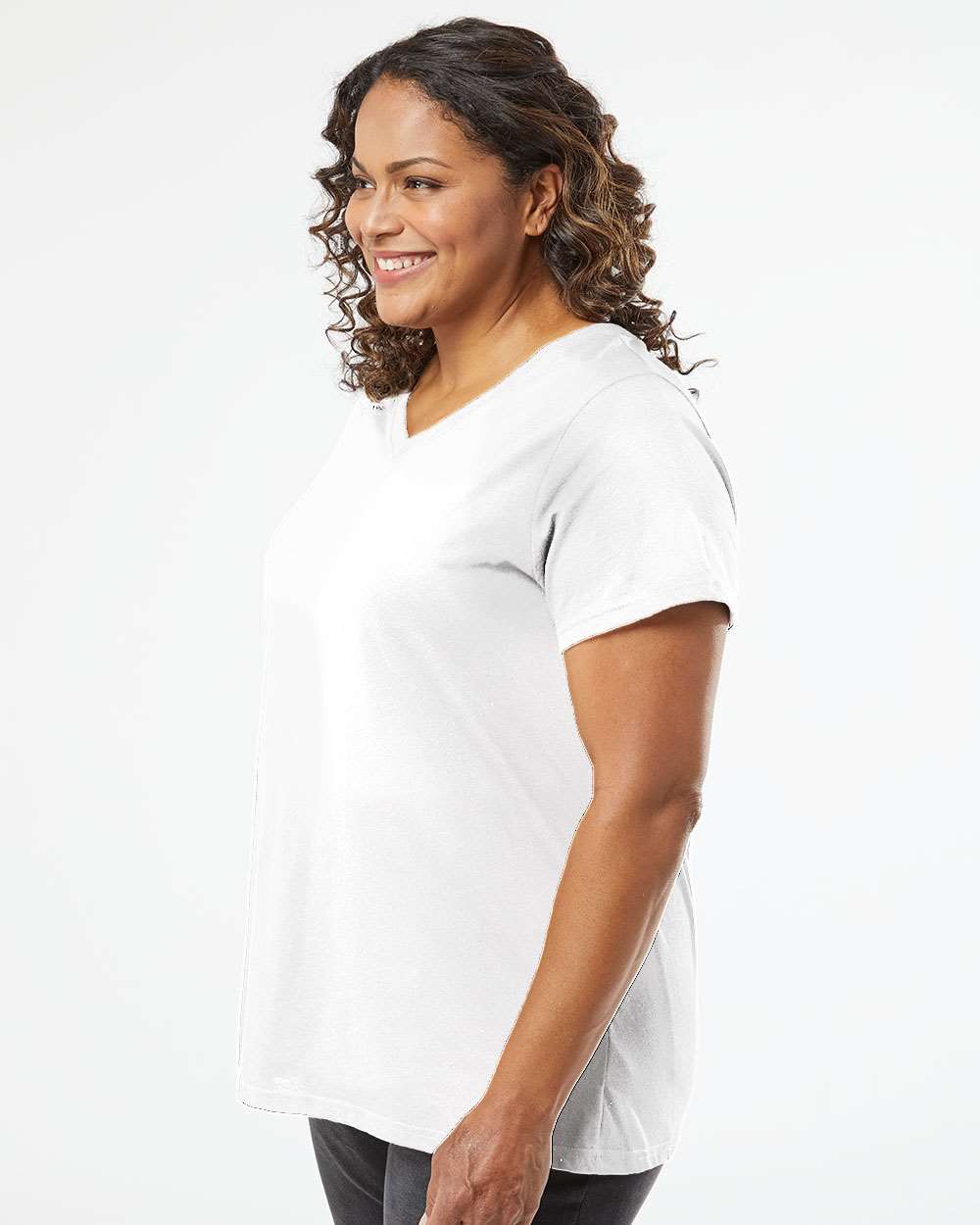 Women's Curvy Collection Fine Jersey V-Neck Tee - OnModelSide - B05038012 - Blended White