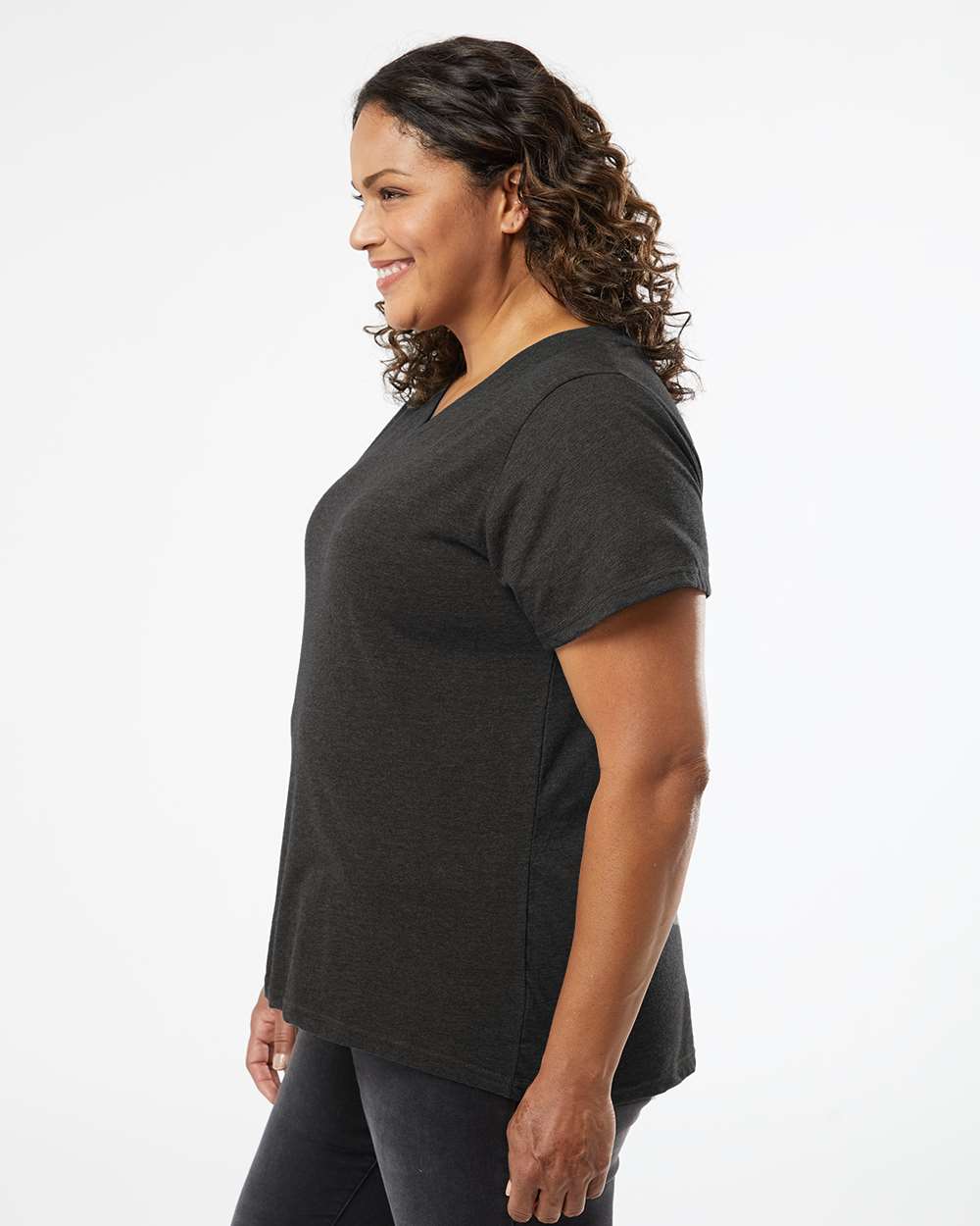 Women's Curvy Collection Fine Jersey V-Neck Tee - OnModelSide - B05038102 - Vintage Smoke