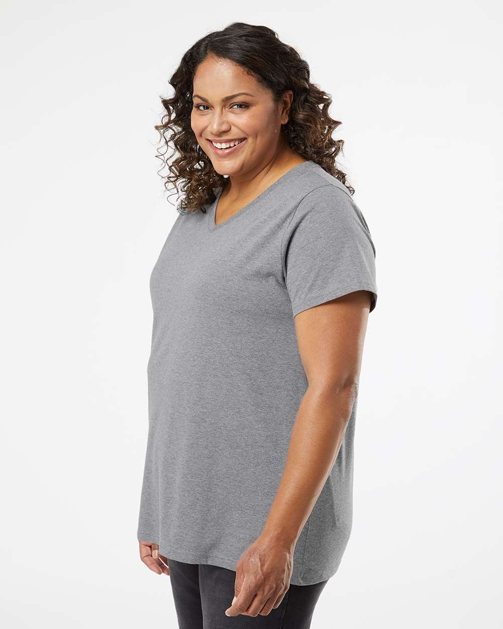 Women's Curvy Collection Fine Jersey V-Neck Tee - OnModelSide - B05038132 - Granite Heather