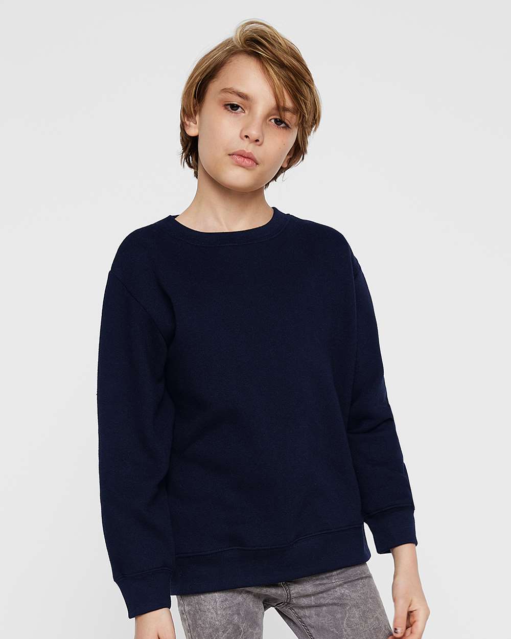 Youth Elevated Fleece Crewneck Sweatshirt - OnModelFront - B06638652 - Navy