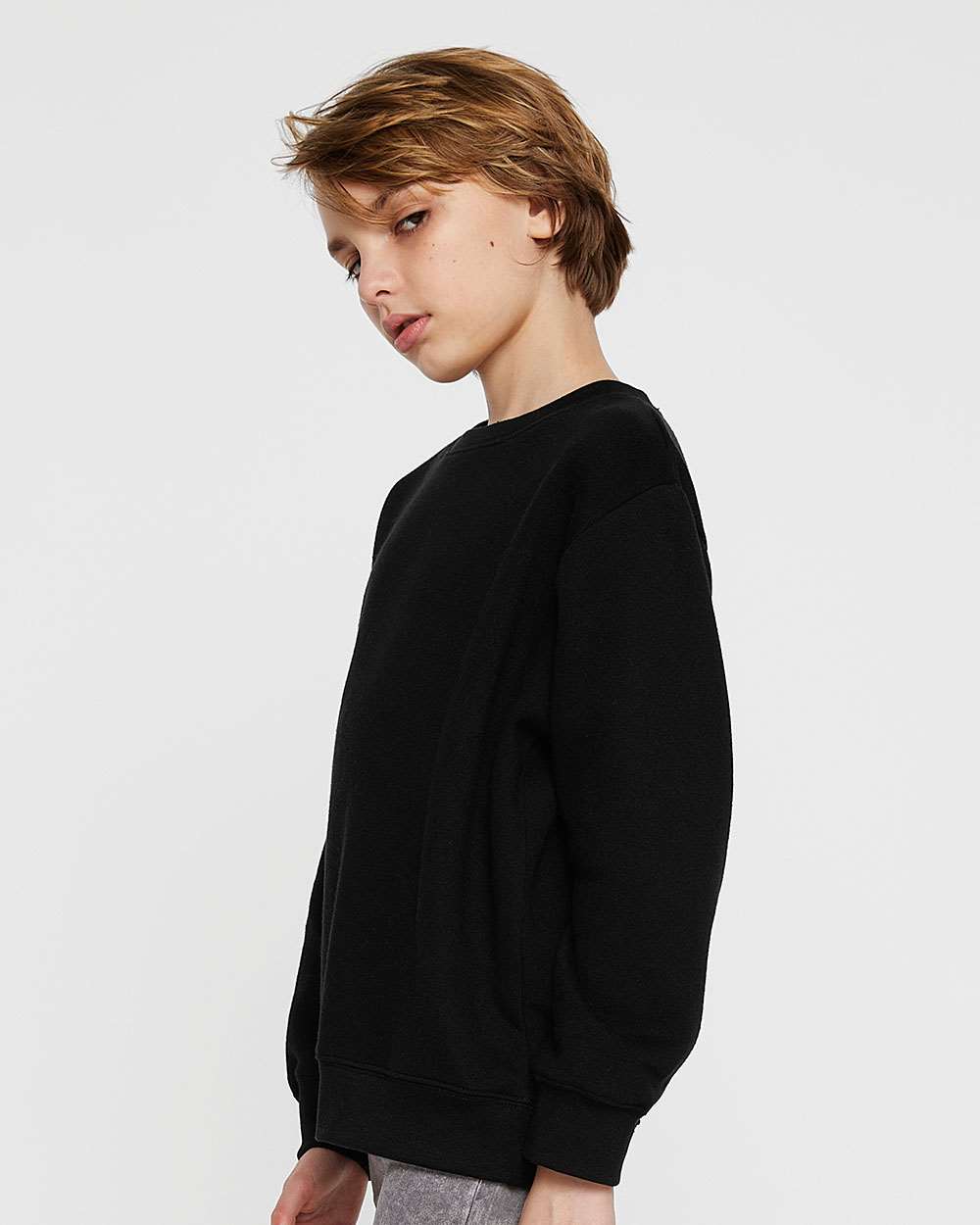 Youth Elevated Fleece Crewneck Sweatshirt - OnModelSide - B06638502 - Black