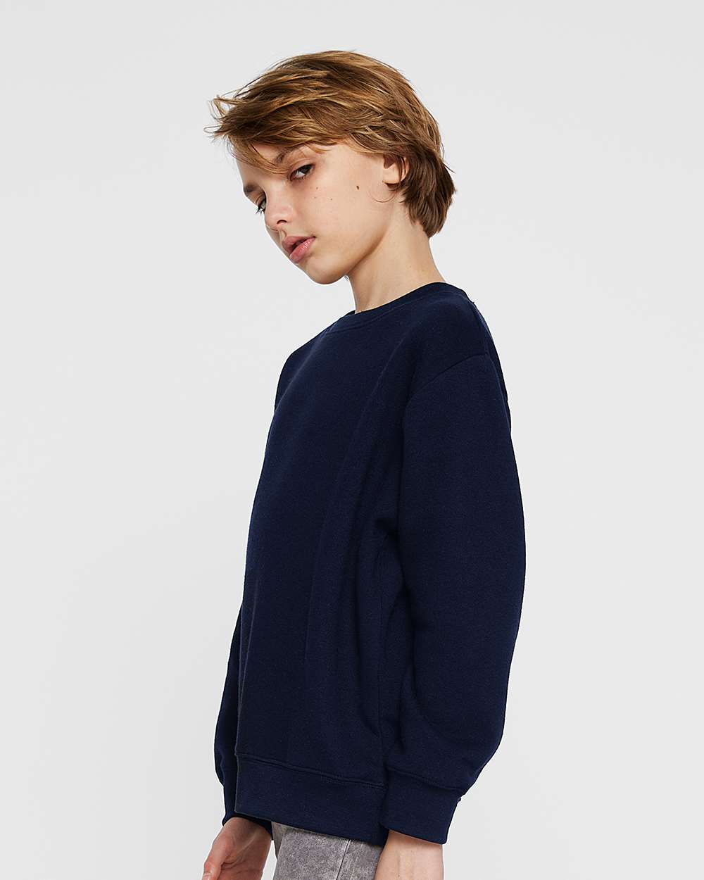 Youth Elevated Fleece Crewneck Sweatshirt - OnModelSide - B06638652 - Navy