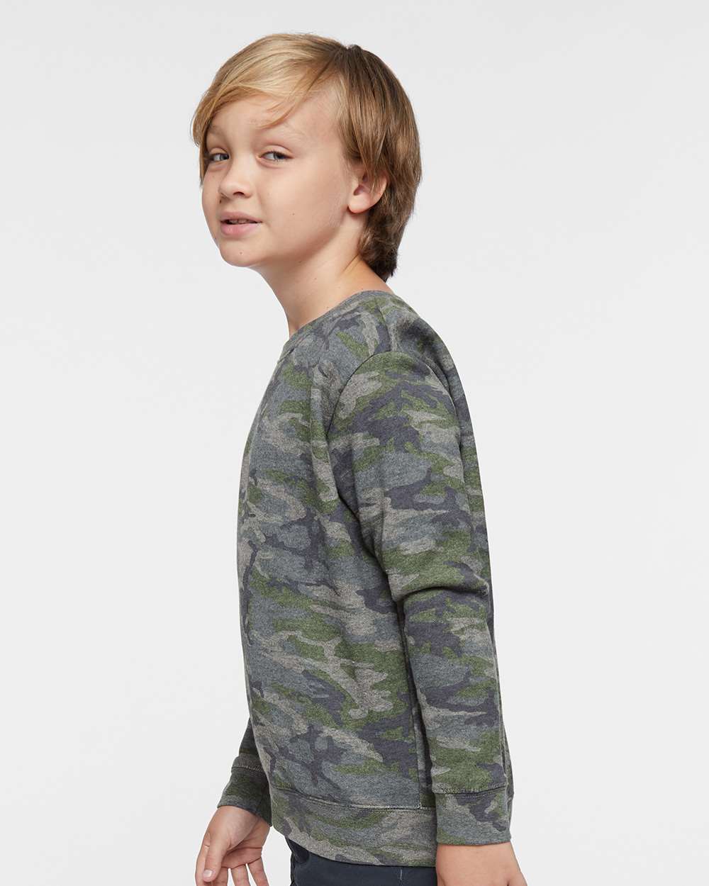 Youth Elevated Fleece Crewneck Sweatshirt - OnModelSide - B06638982 - Vintage Camo