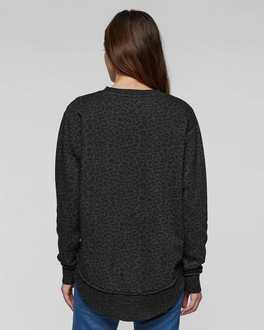 Women's Weekend Fleece Crewneck Sweatshirt - OnModelBack - B07038103 - Black Leopard