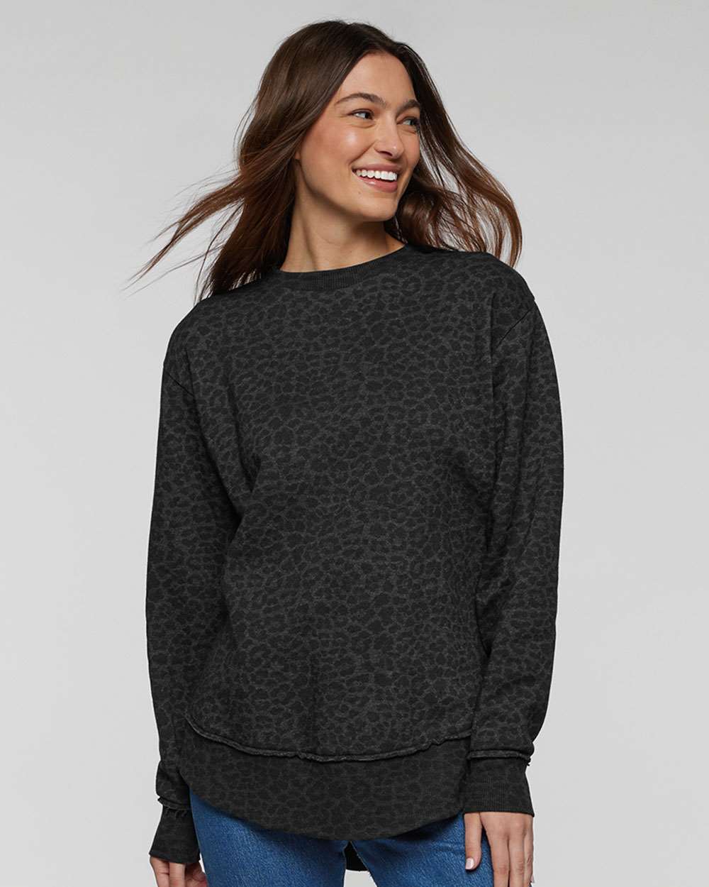 Women's Weekend Fleece Crewneck Sweatshirt - OnModelFront - B07038103 - Black Leopard