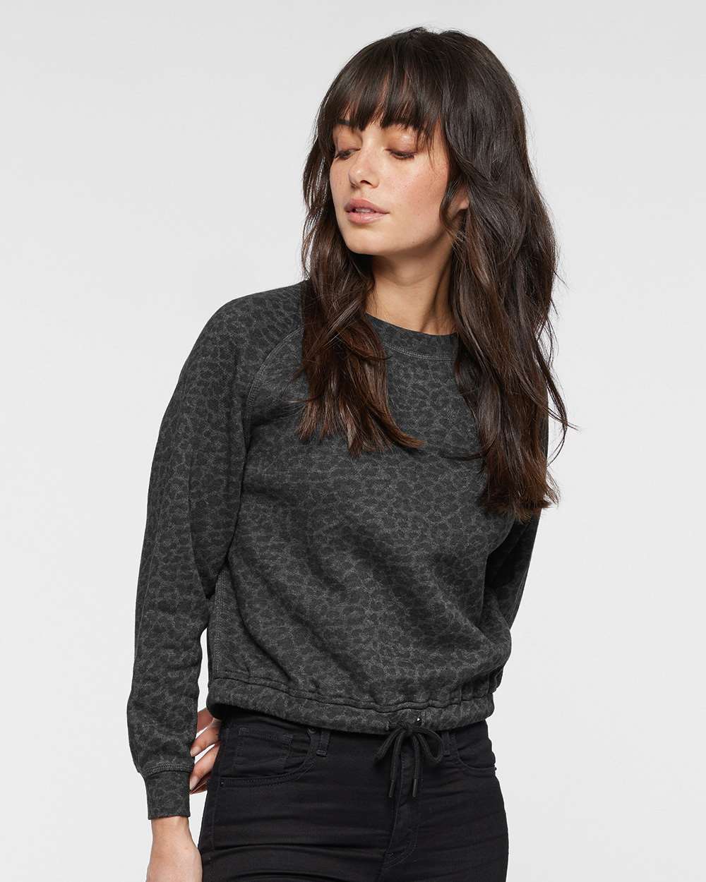 Women's Relaxed 3-End Boxy Fleece Crewneck Sweatshirt - OnModelFront - B07838103 - Black Leopard