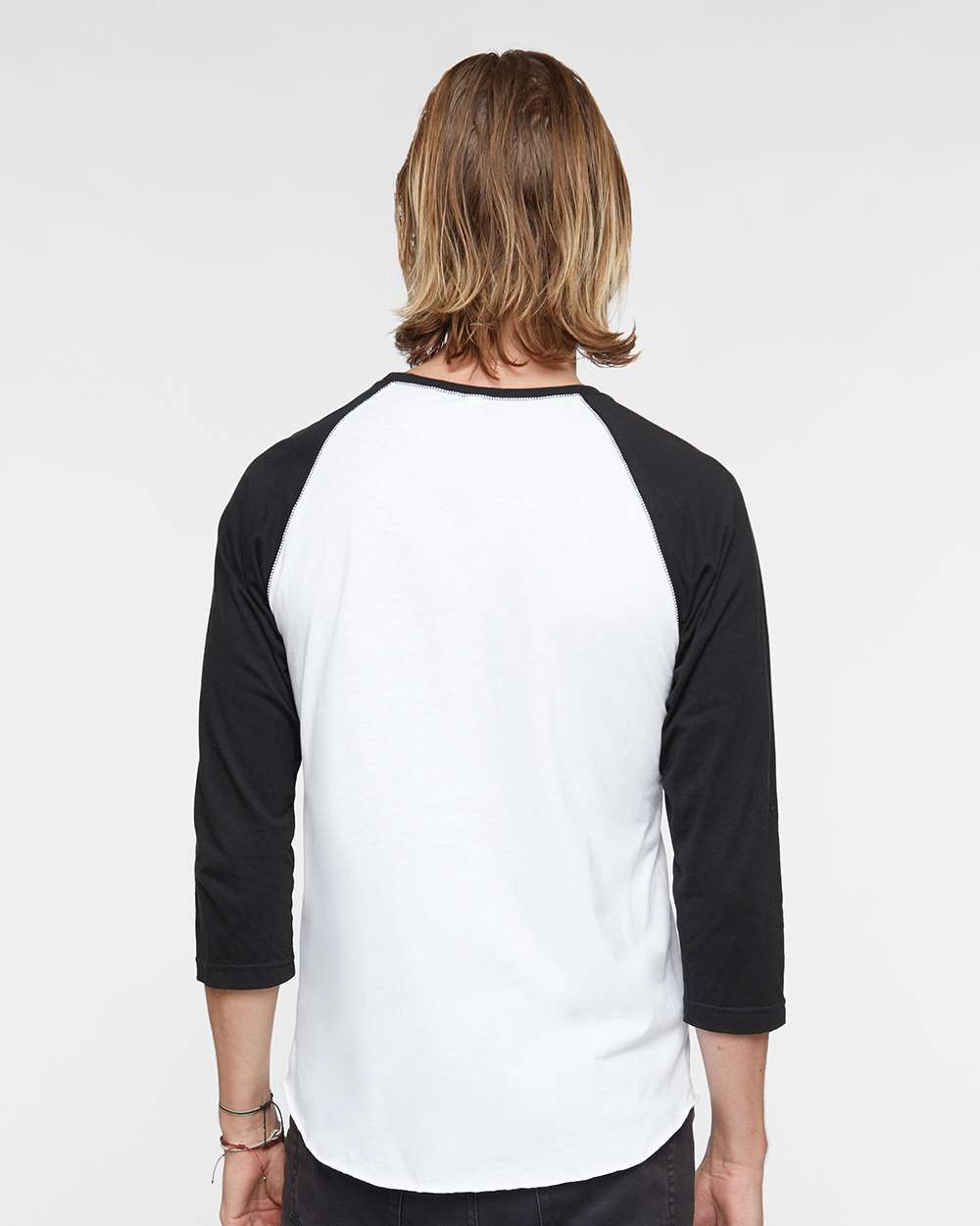 Men's Baseball Fine Jersey Three-Quarter Sleeve Tee - OnModelBack - B04838003 - White Solid/ Black