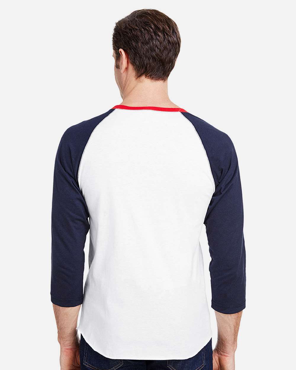 Men's Baseball Fine Jersey Three-Quarter Sleeve Tee - OnModelBack - B04838033 - White/ Navy/ Red