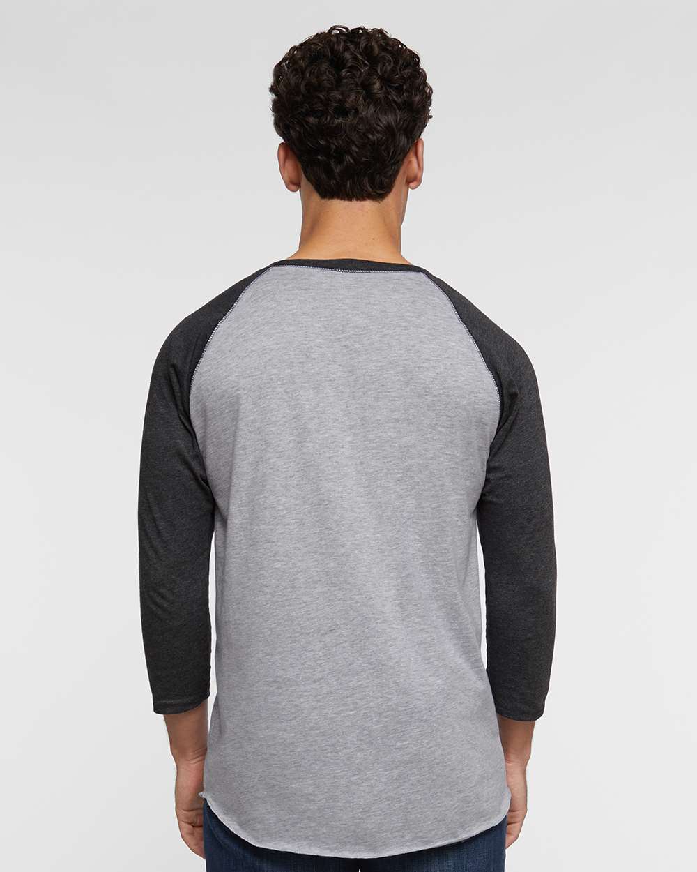 Men's Baseball Fine Jersey Three-Quarter Sleeve Tee - OnModelBack - B04838133 - Vintage Heather/ Vintage Smoke