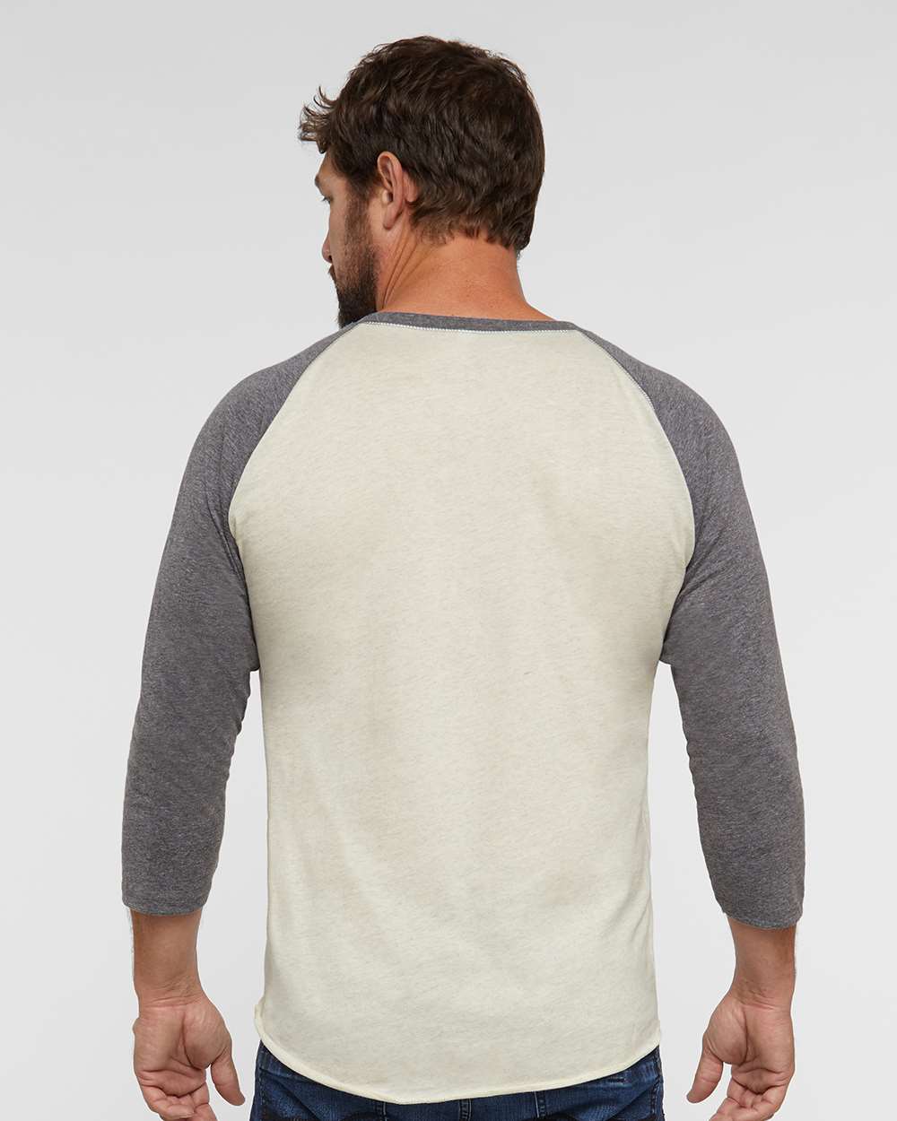 Men's Baseball Fine Jersey Three-Quarter Sleeve Tee - OnModelBack - B04838243 - Natural Heather/ Granite Heather