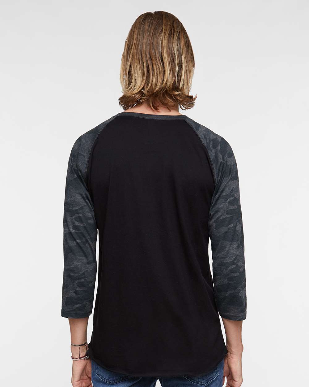 Men's Baseball Fine Jersey Three-Quarter Sleeve Tee - OnModelBack - B04838513 - Black/ Storm Camo