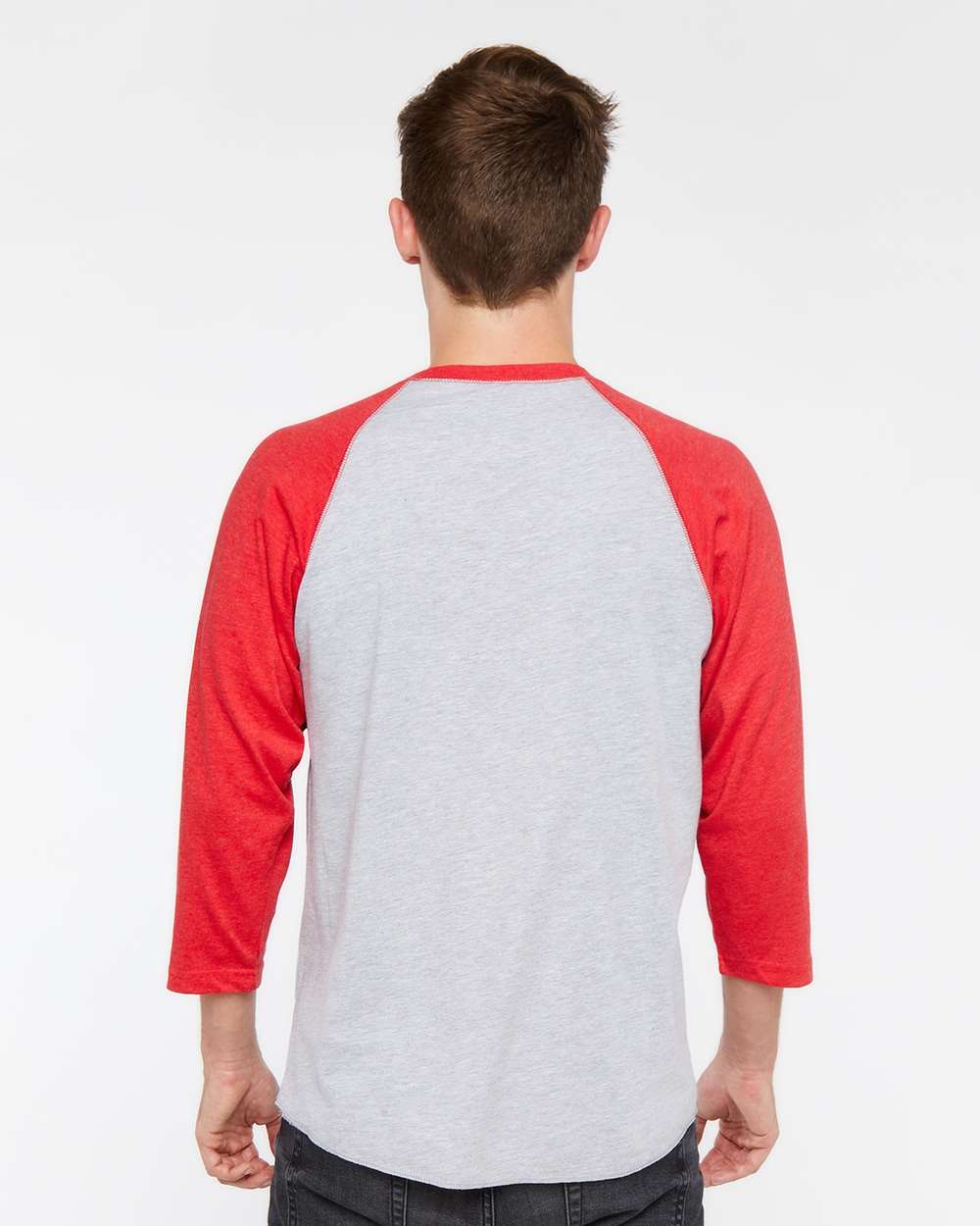 Men's Baseball Fine Jersey Three-Quarter Sleeve Tee - OnModelBack - B04838703 - Vintage Heather/ Vintage Red
