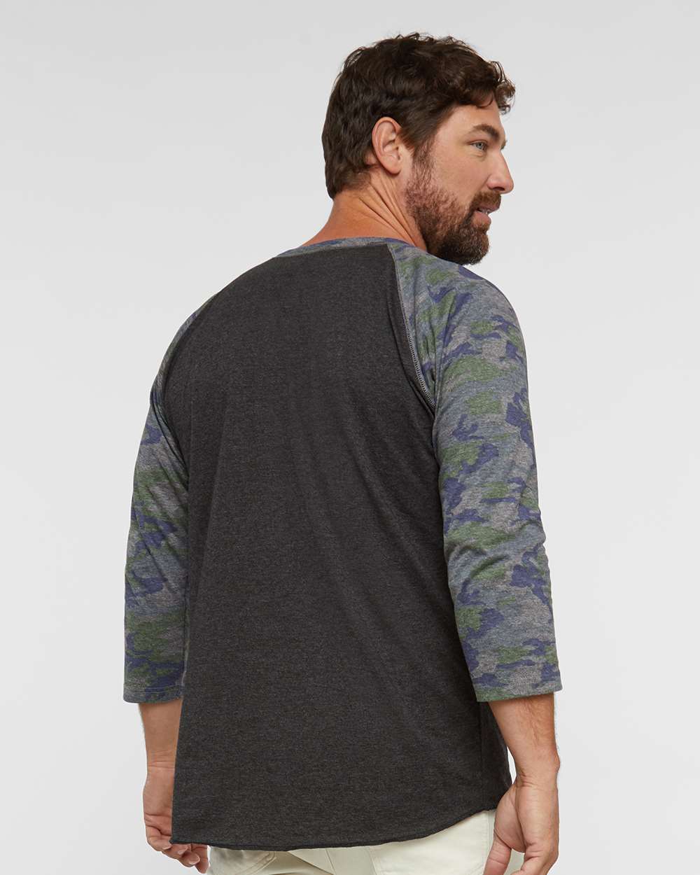 Men's Baseball Fine Jersey Three-Quarter Sleeve Tee - OnModelBack - B04838983 - Vintage Smoke/ Vintage Camo