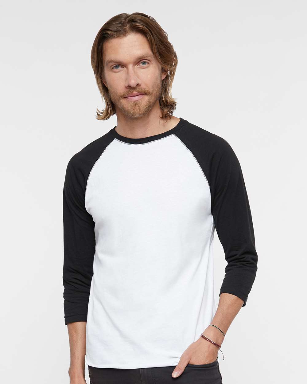 Men's Baseball Fine Jersey Three-Quarter Sleeve Tee - OnModelFront - B04838003 - White Solid/ Black