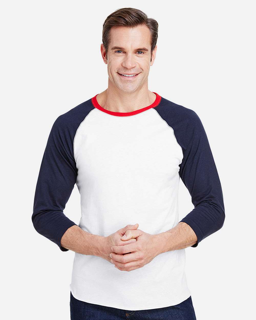Men's Baseball Fine Jersey Three-Quarter Sleeve Tee - OnModelFront - B04838033 - White/ Navy/ Red