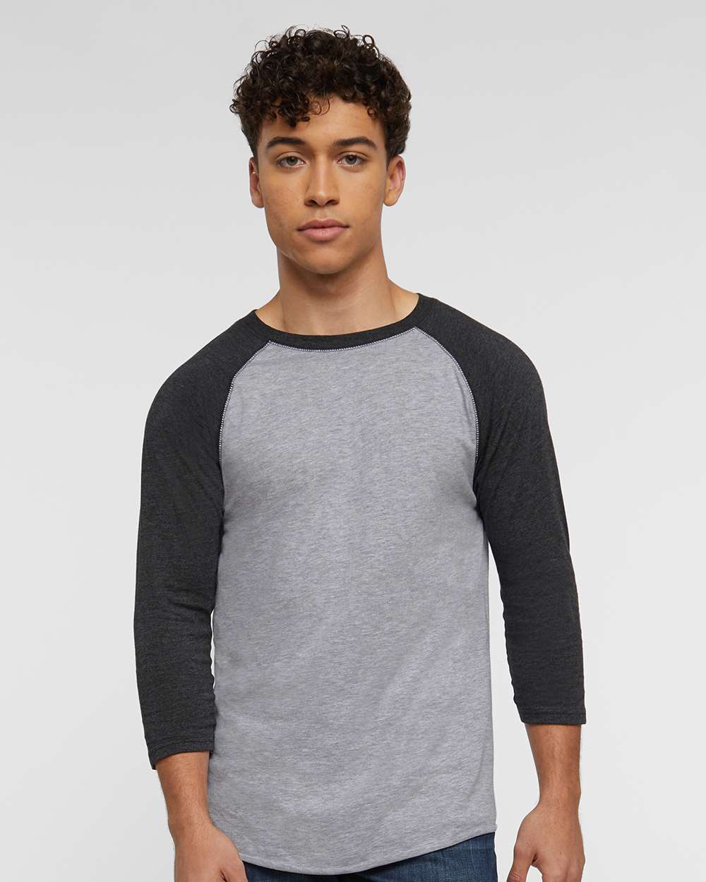 Men's Baseball Fine Jersey Three-Quarter Sleeve Tee - OnModelFront - B04838133 - Vintage Heather/ Vintage Smoke