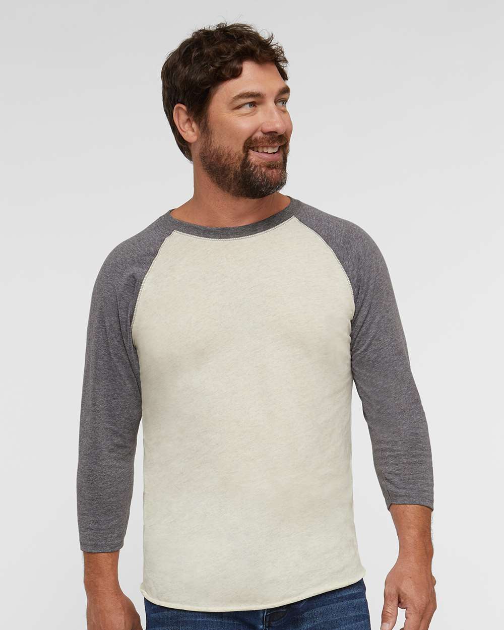 Men's Baseball Fine Jersey Three-Quarter Sleeve Tee - OnModelFront - B04838243 - Natural Heather/ Granite Heather