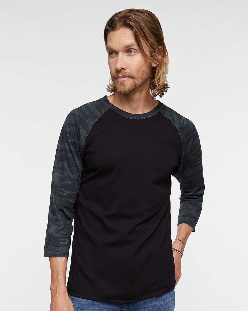 Men's Baseball Fine Jersey Three-Quarter Sleeve Tee - OnModelFront - B04838513 - Black/ Storm Camo
