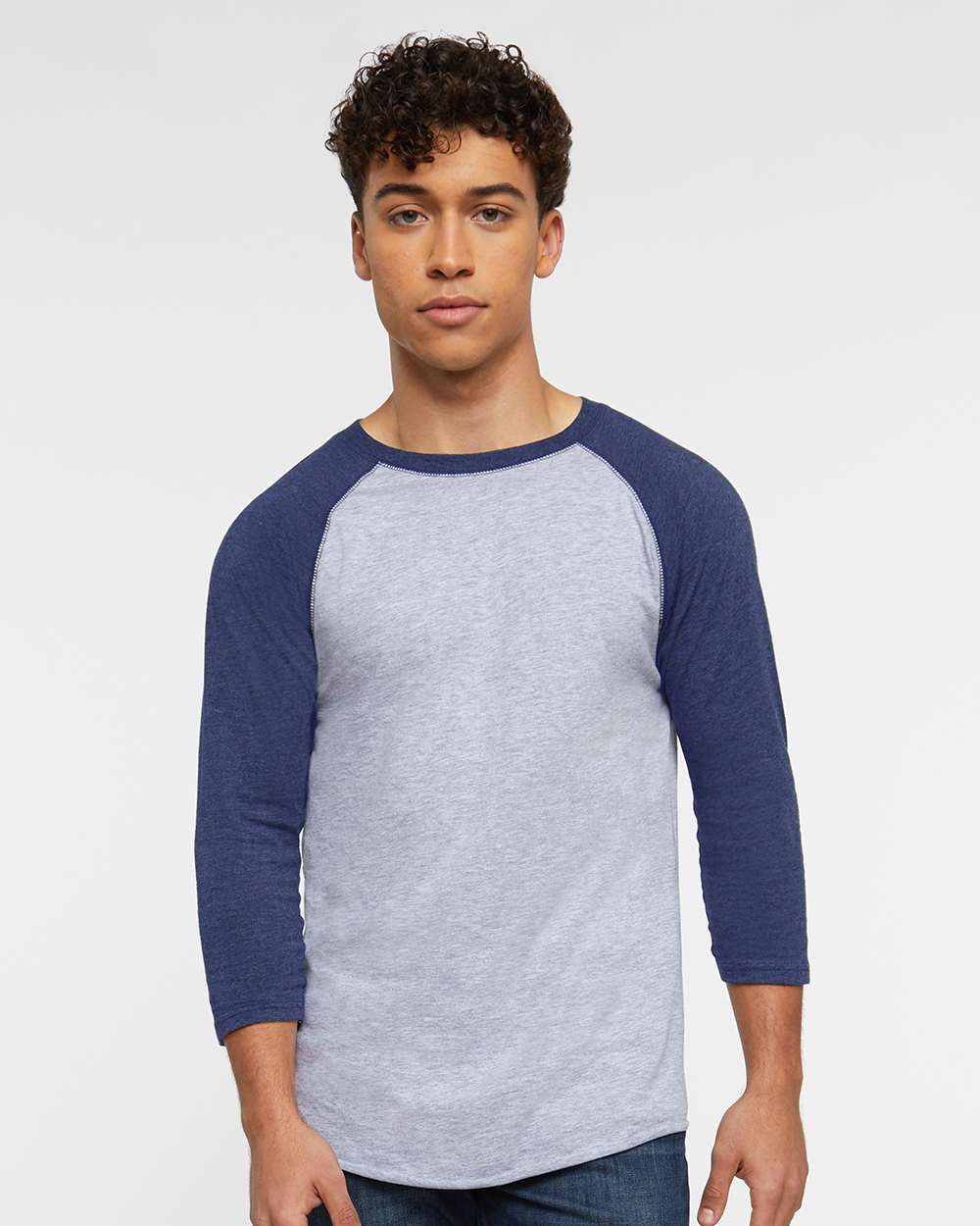 Men's Baseball Fine Jersey Three-Quarter Sleeve Tee - OnModelFront - B04838643 - Vintage Heather/ Vintage True Navy