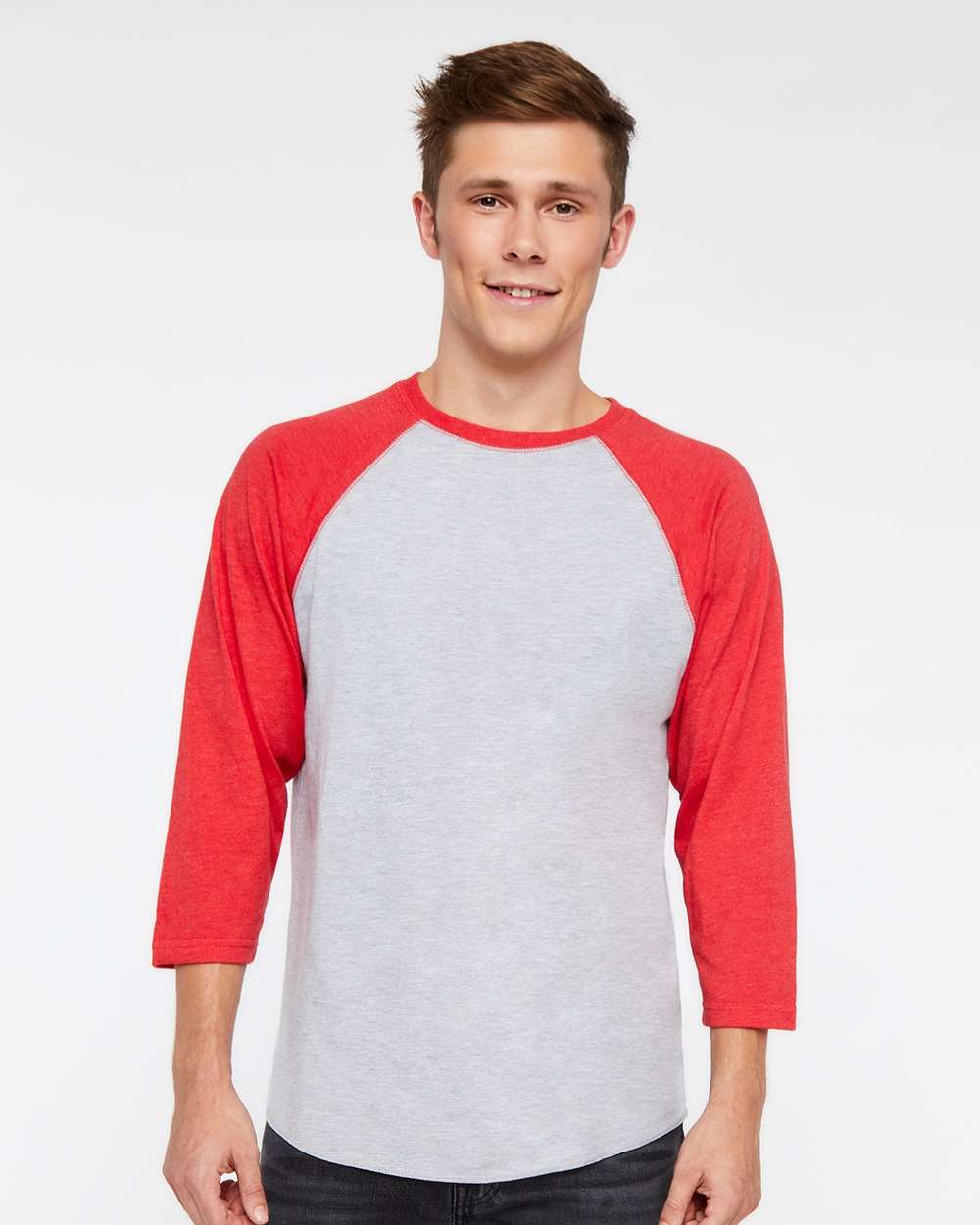 Men's Baseball Fine Jersey Three-Quarter Sleeve Tee - OnModelFront - B04838703 - Vintage Heather/ Vintage Red