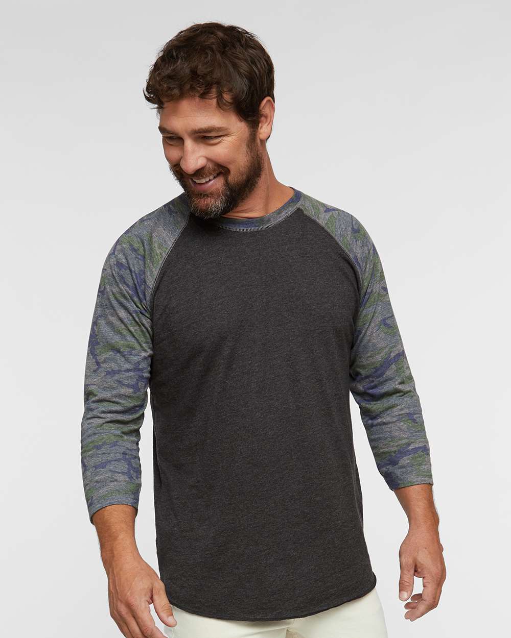 Men's Baseball Fine Jersey Three-Quarter Sleeve Tee - OnModelFront - B04838983 - Vintage Smoke/ Vintage Camo