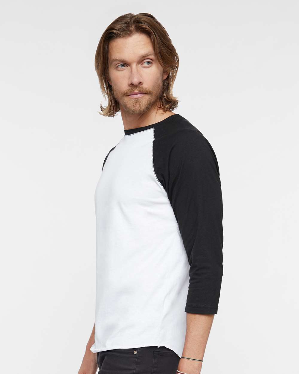 Men's Baseball Fine Jersey Three-Quarter Sleeve Tee - OnModelSide - B04838003 - White Solid/ Black