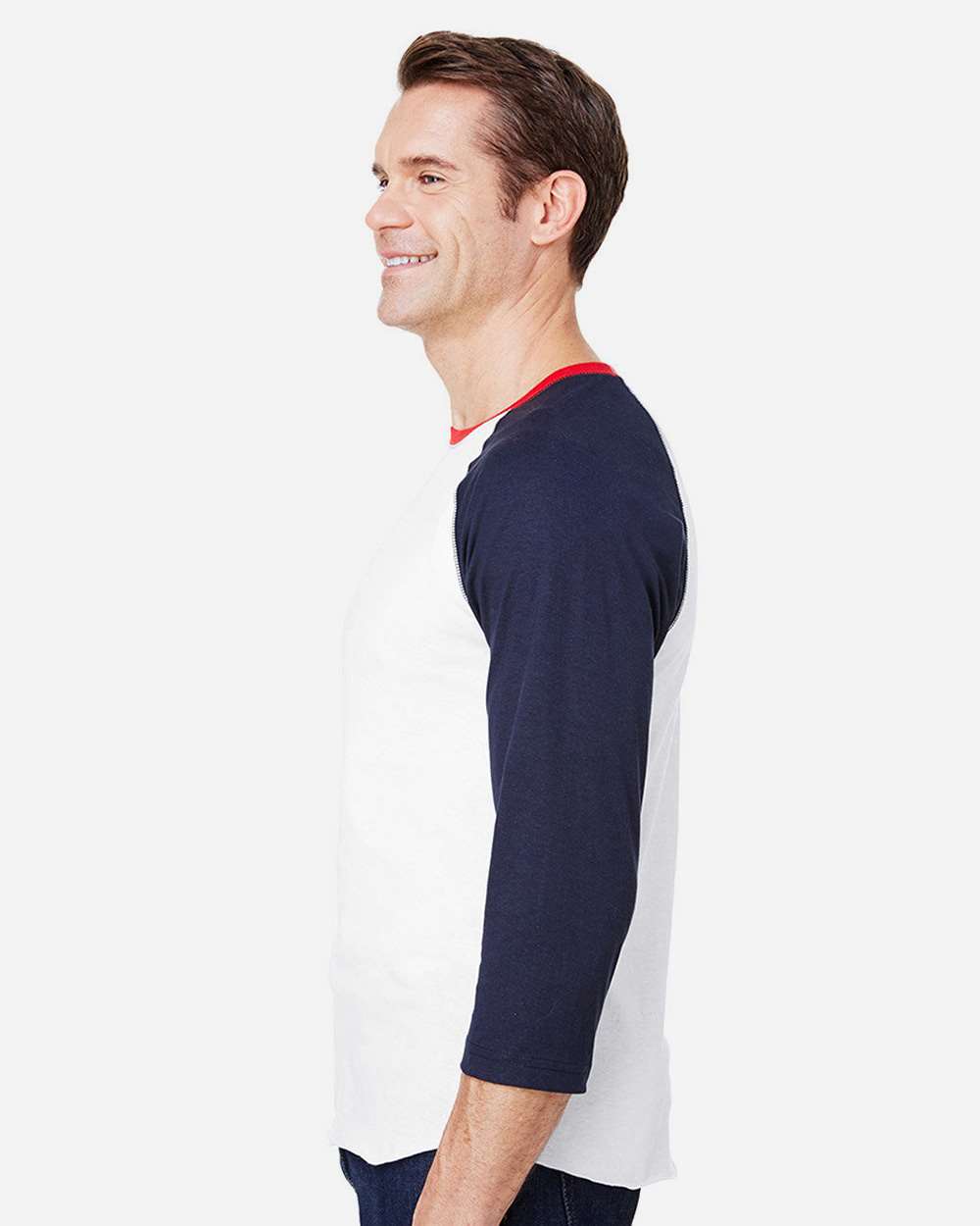 Men's Baseball Fine Jersey Three-Quarter Sleeve Tee - OnModelSide - B04838033 - White/ Navy/ Red