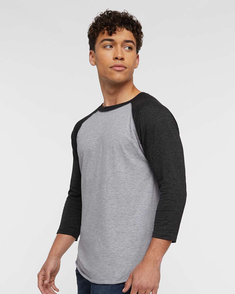 Men's Baseball Fine Jersey Three-Quarter Sleeve Tee - OnModelSide - B04838133 - Vintage Heather/ Vintage Smoke