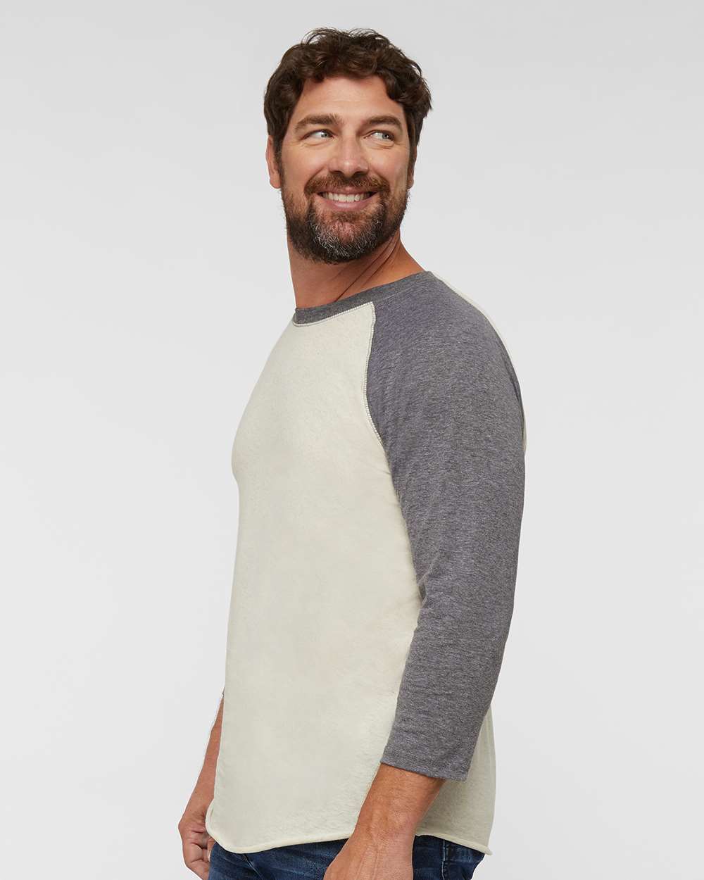 Men's Baseball Fine Jersey Three-Quarter Sleeve Tee - OnModelSide - B04838243 - Natural Heather/ Granite Heather