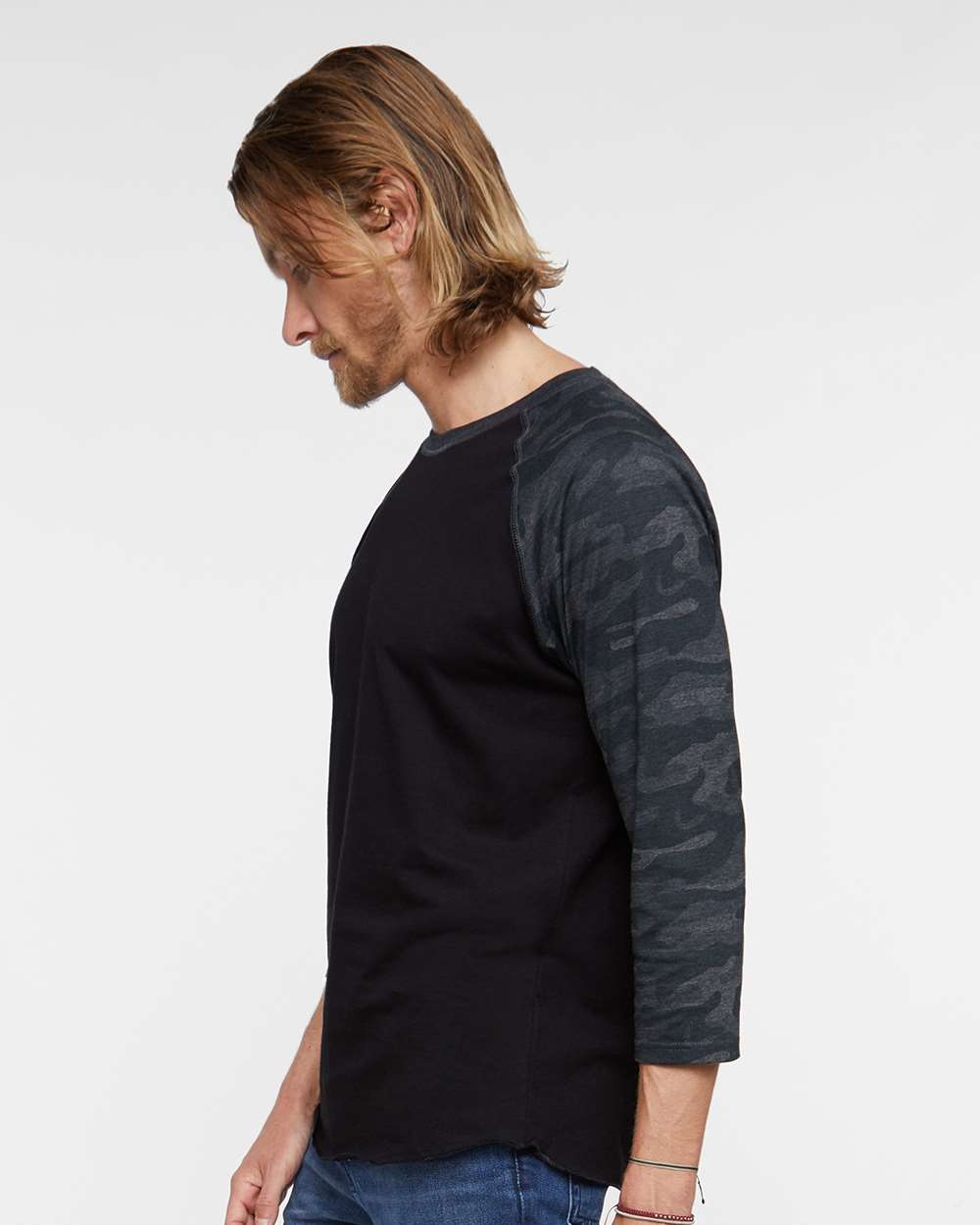Men's Baseball Fine Jersey Three-Quarter Sleeve Tee - OnModelSide - B04838513 - Black/ Storm Camo