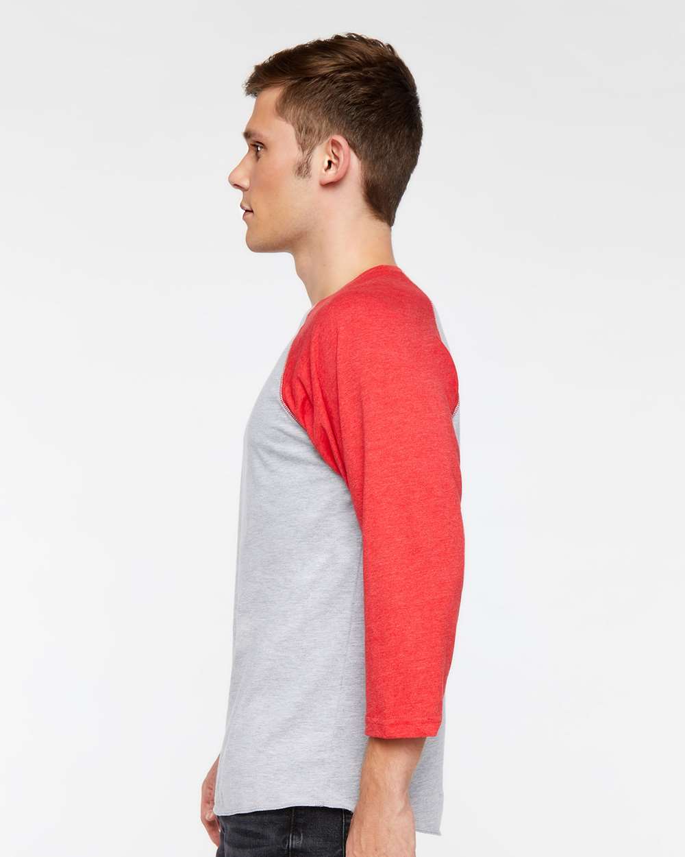Men's Baseball Fine Jersey Three-Quarter Sleeve Tee - OnModelSide - B04838703 - Vintage Heather/ Vintage Red